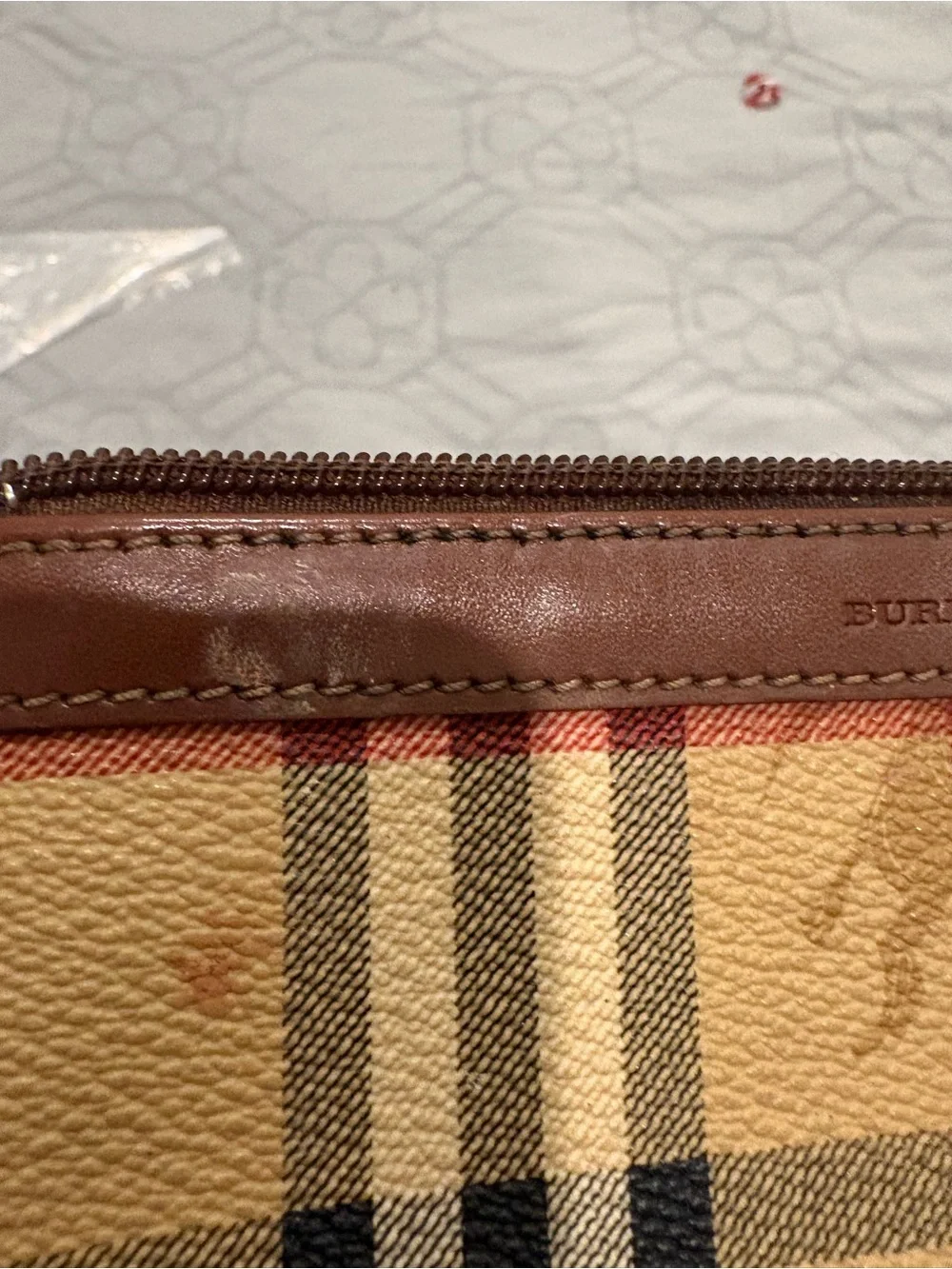 Burberry Beige Plaid Cosmetic Pouch with Brown Trim